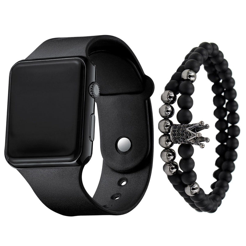 2pcs/set Square Silicone Digital Watch + Crown Bracelet Fancy Women Watches Jewelry Sophisticated And Stylish Women Watch