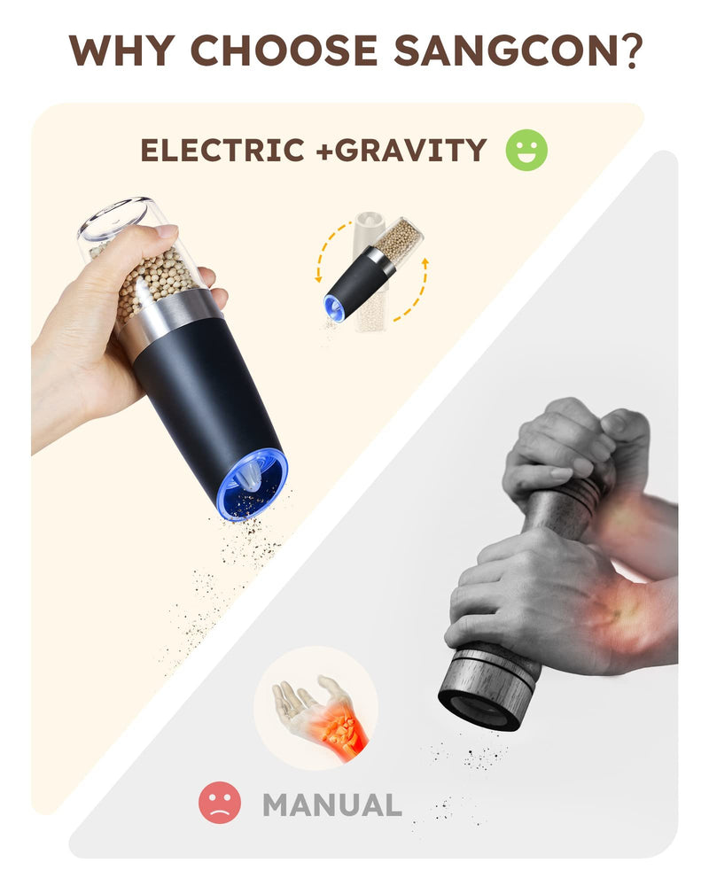 Gravity Electric Salt and Pepper Grinder Set Automatic Shakers Mill Grinder with LED Light, Battery Powered Adjustable Coarseness One Hand Operation, Upgraded Larger Capacity