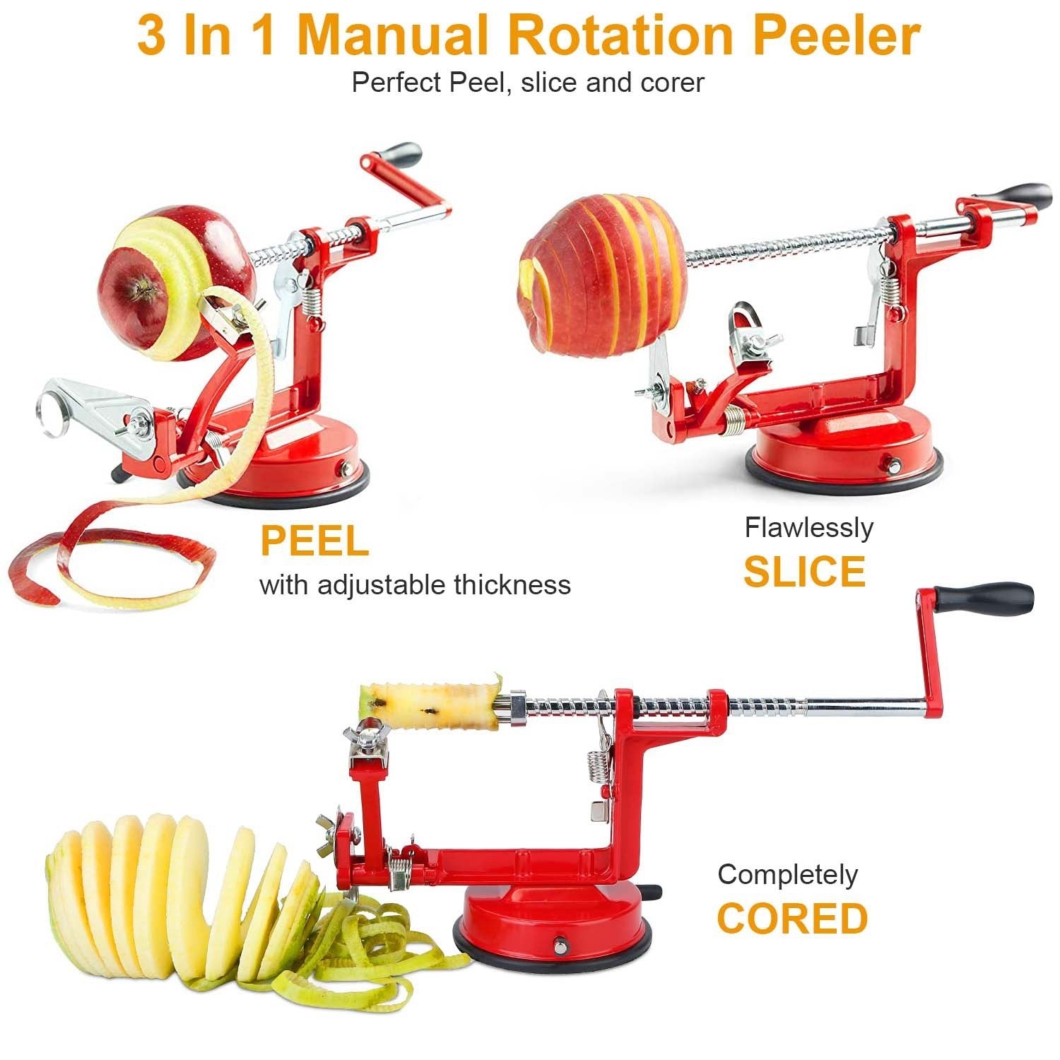 3In 1 Apple Peeler Manual Rotation Potato Fruit Core Slicer Kitchen HaDobaDealsexpress.shop3In 1 Apple Peeler Manual Rotation Potato Fruit Core Slicer Kitchen Hand Cracking CorerDetails
*Features*:
*Premium Material*:Made of premium zinc alloy and stainless steel blade; it is durable and anti-rust. It can last for a long time.*3 In 1 Functio