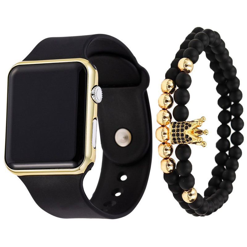 2pcs/set Square Silicone Digital Watch + Crown Bracelet Fancy Women Watches Jewelry Sophisticated And Stylish Women Watch