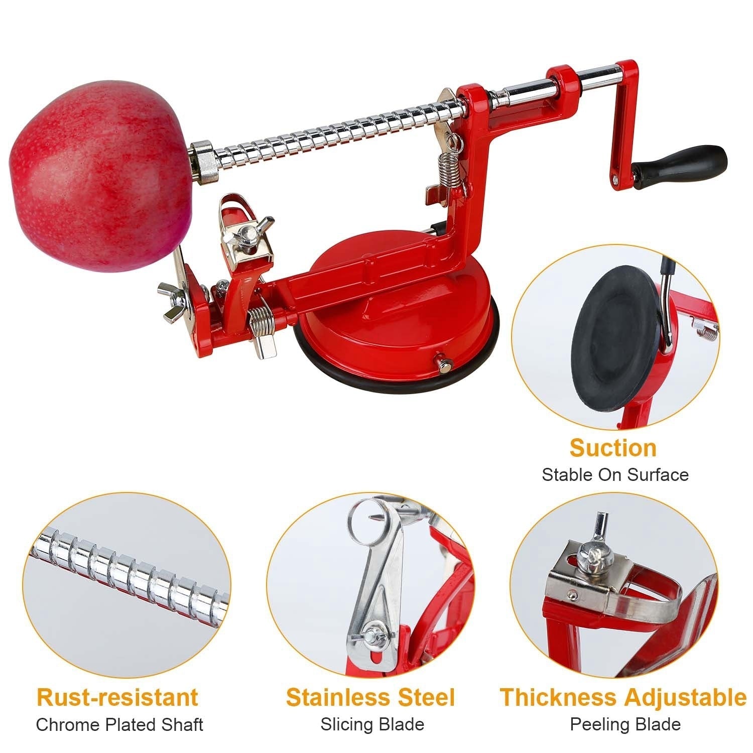 3In 1 Apple Peeler Manual Rotation Potato Fruit Core Slicer Kitchen HaDobaDealsexpress.shop3In 1 Apple Peeler Manual Rotation Potato Fruit Core Slicer Kitchen Hand Cracking CorerDetails
*Features*:
*Premium Material*:Made of premium zinc alloy and stainless steel blade; it is durable and anti-rust. It can last for a long time.*3 In 1 Functio