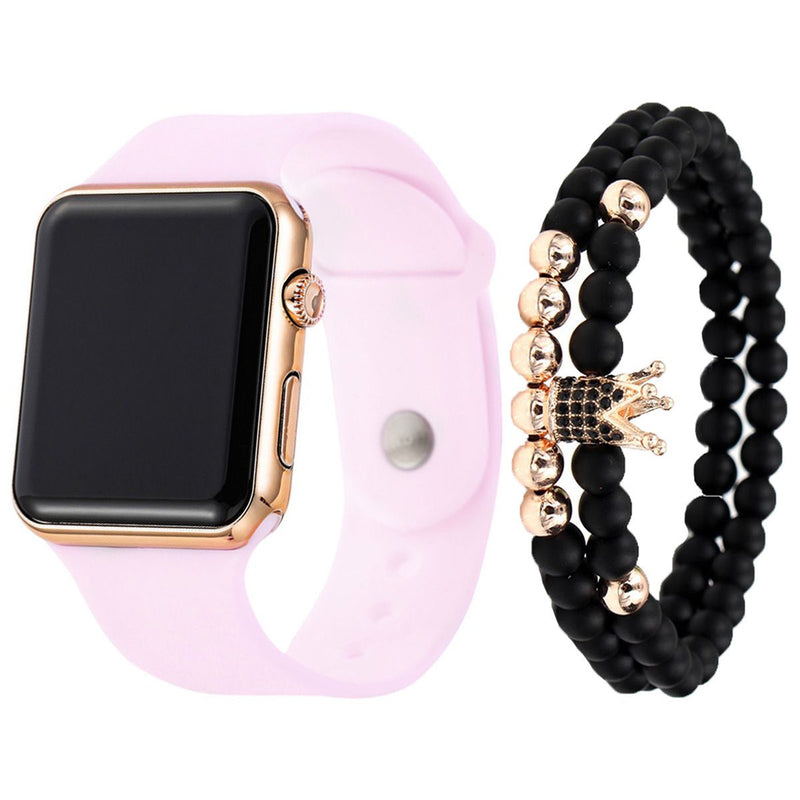 2pcs/set Square Silicone Digital Watch + Crown Bracelet Fancy Women Watches Jewelry Sophisticated And Stylish Women Watch