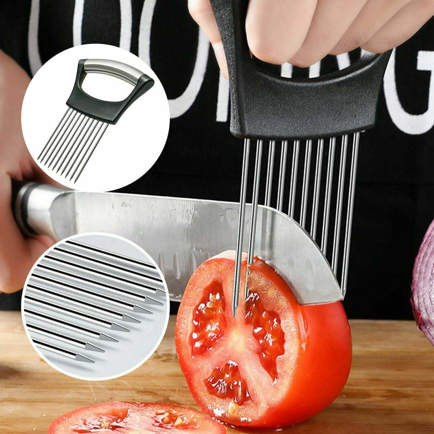 Stainless Steel Onion Holder Slicer Vegetable Tools Tomato Cutter KitcDobaDealsexpress.shopStainless Steel Onion Holder Slicer Vegetable Tools Tomato Cutter Kitchen Gadget Steel Onion NeedleHighlights
The Onion Holder can also be used as a meat tenderizer. A long steel needle penetrates deeply, into the meat to improve its taste. It is also easy to clea