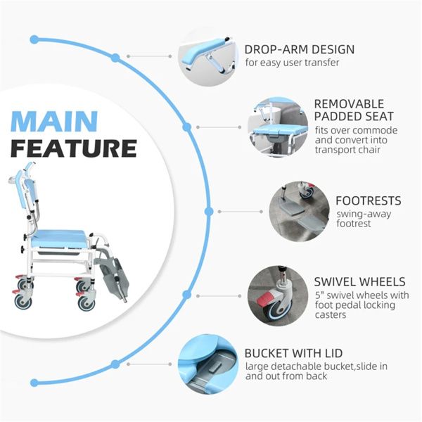 Bathroom Wheelchair, Commode Wheelchair, Rolling Shower Wheelchair