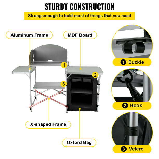 Camping Kitchen Station, Aluminum Portable Folding Camp Cook Table witDobaDealsexpress.shopCamping Kitchen Station, Aluminum Portable Folding Camp Cook TableDetails
Details
Model: VV-HWTDCF57INBColor: BlackMaterial: Aluminum + MDF +OxfordItem Dimension: 57.5 x 18.1 x 27.6 in / 146 x 46 x 70 cmItem Weight: 19.8 lbs / 9 kg