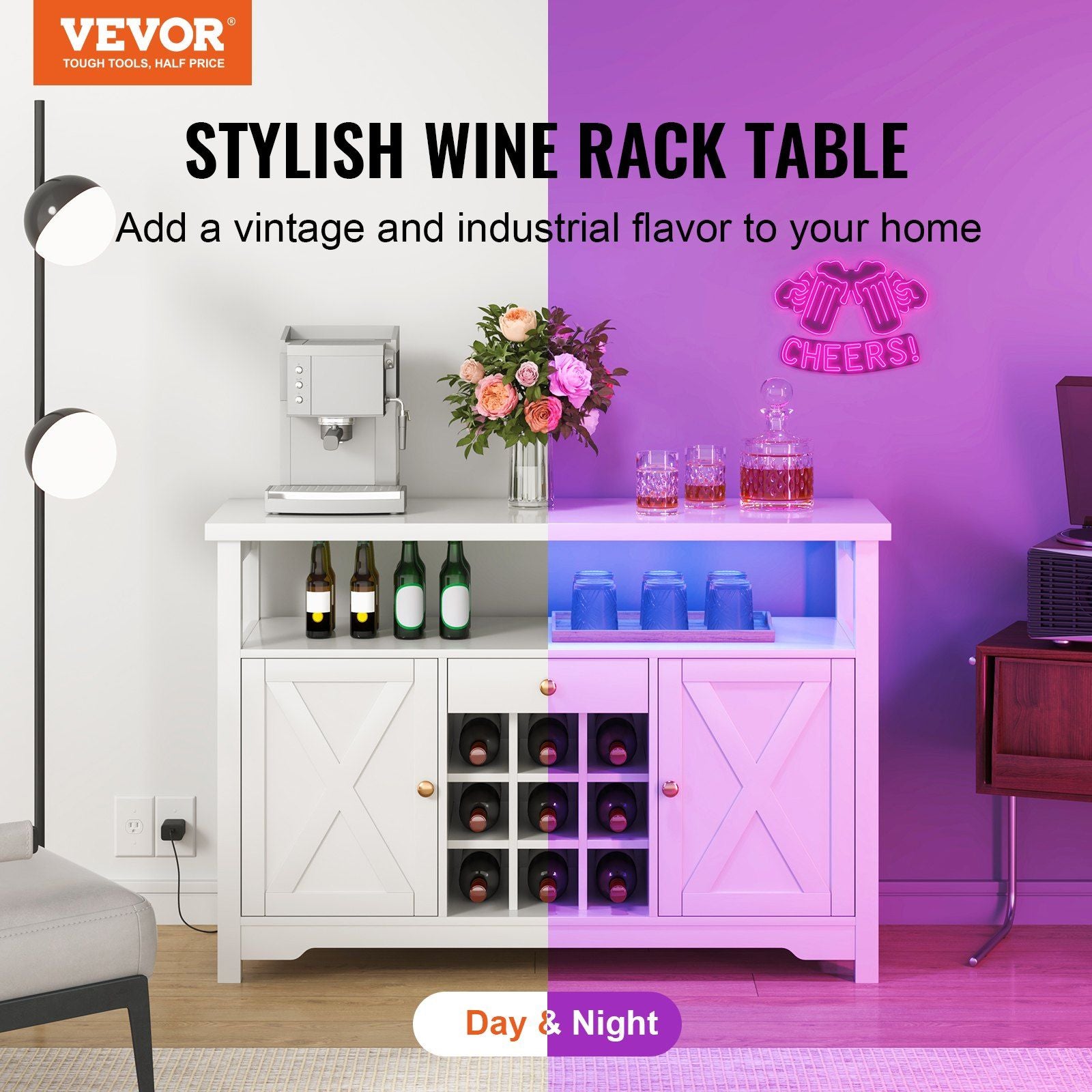 VEVOR 55 Inch Industrial Bar Cabinet, Wine Table for Liquor and GlasseDobaDealsexpress.shopWine Rack, Freestanding Farmhouse Wood Coffee Bar CabinetHighlights
More Space for You: Measures 55x13.8x32.3 inches. This industrial bar cabinet can fit in various places and hold up to 250 lbs. That is a lot of weight! I
