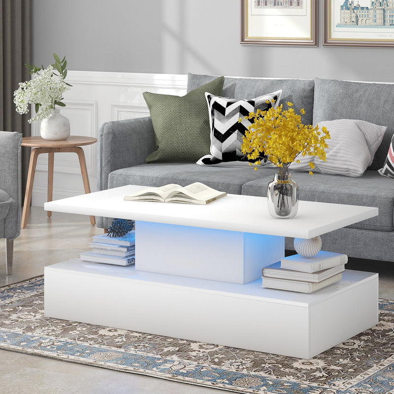 ON-TREND Coffee Table Cocktail Table Modern Industrial Design with LED lighting, 16 colors with a remote control (White)