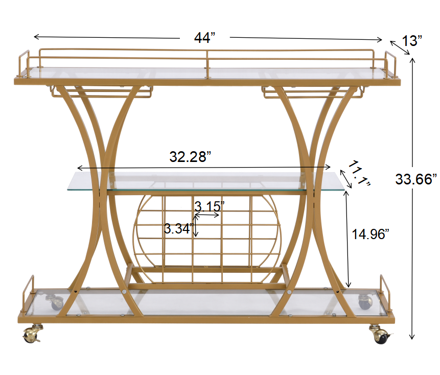 Golden Bar& Serving Cart with Wine Rack&Glass Holder for Home with WheDobaDealsexpress.shopGolden Bar& Serving CartHighlights
Simple and Elegant Design: The perfect curve and original design make it stand out from the crowd;
Large Stoage Unit: three levels for storing wine or pla