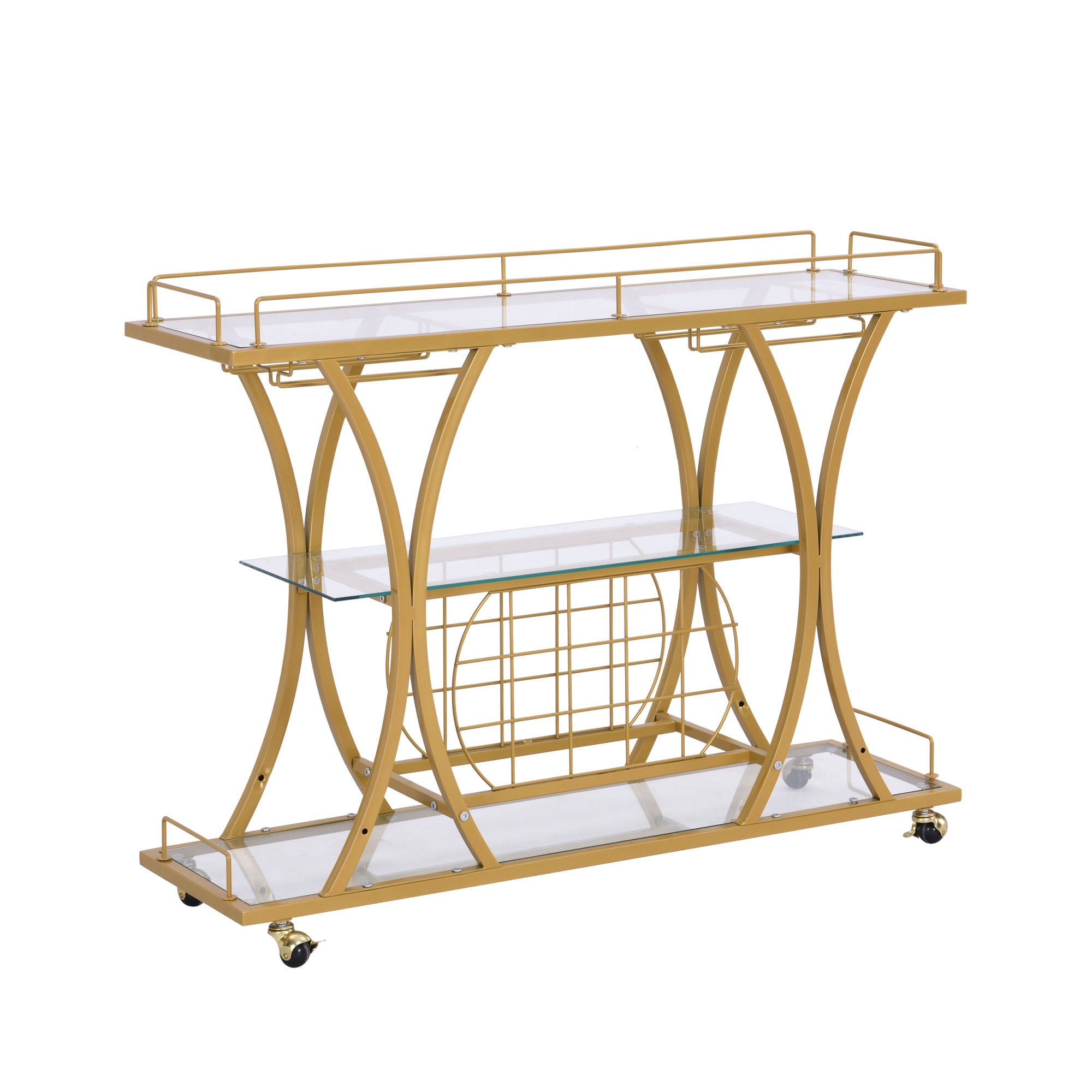 Golden Bar& Serving Cart with Wine Rack&Glass Holder for Home with WheDobaDealsexpress.shopGolden Bar& Serving CartHighlights
Simple and Elegant Design: The perfect curve and original design make it stand out from the crowd;
Large Stoage Unit: three levels for storing wine or pla