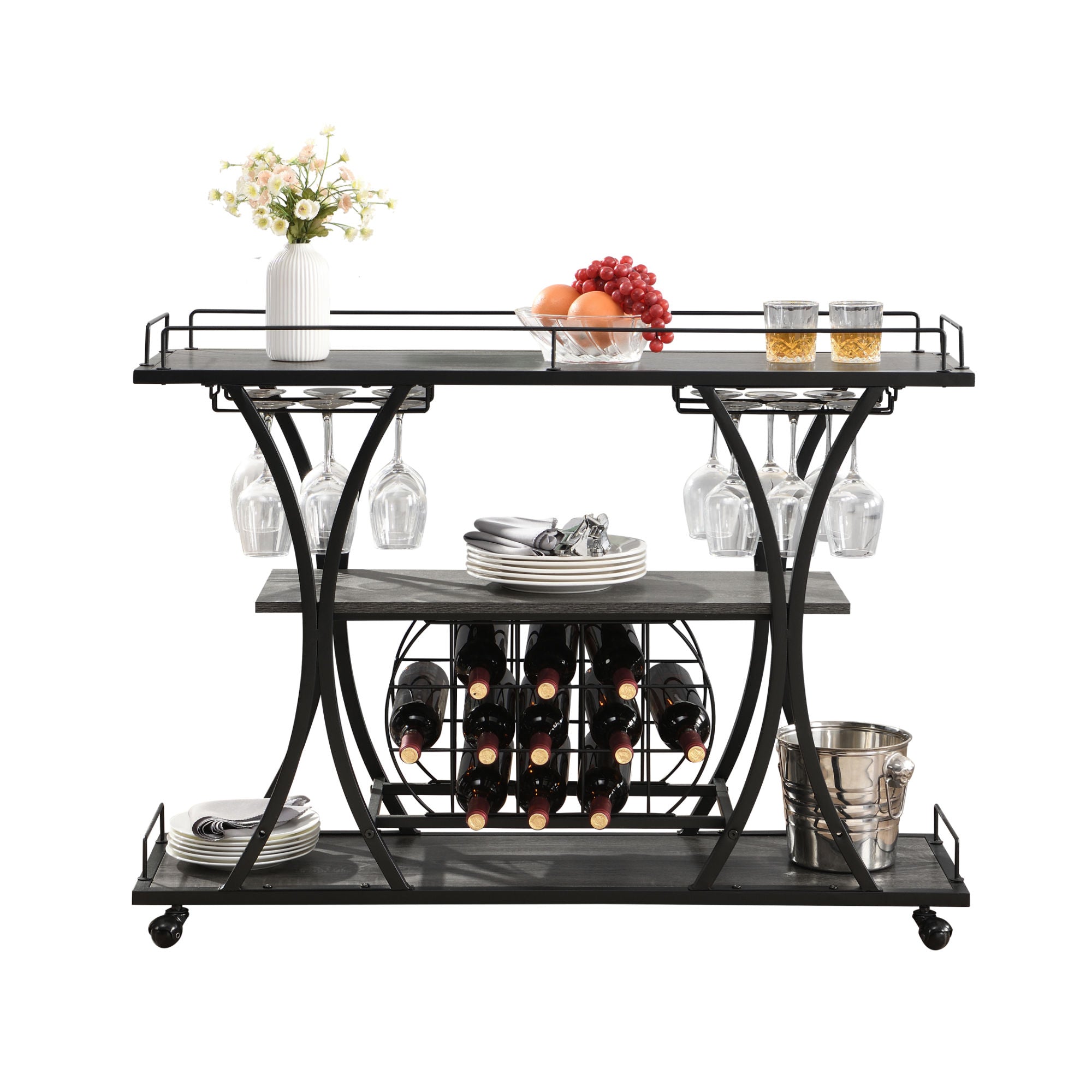 Industrial Bar Cart Kitchen Bar&Serving Cart for Home with Wheels 3 -TDobaDealsexpress.shopIndustrial Bar Cart Kitchen Bar&Serving CartHighlights
1. BOTTLE RACK AND WINE GLASS STORAGE: this bar cart features three levels for storing wine or placing trays,
with 11 bottles and16 wine glass racks.
2. M