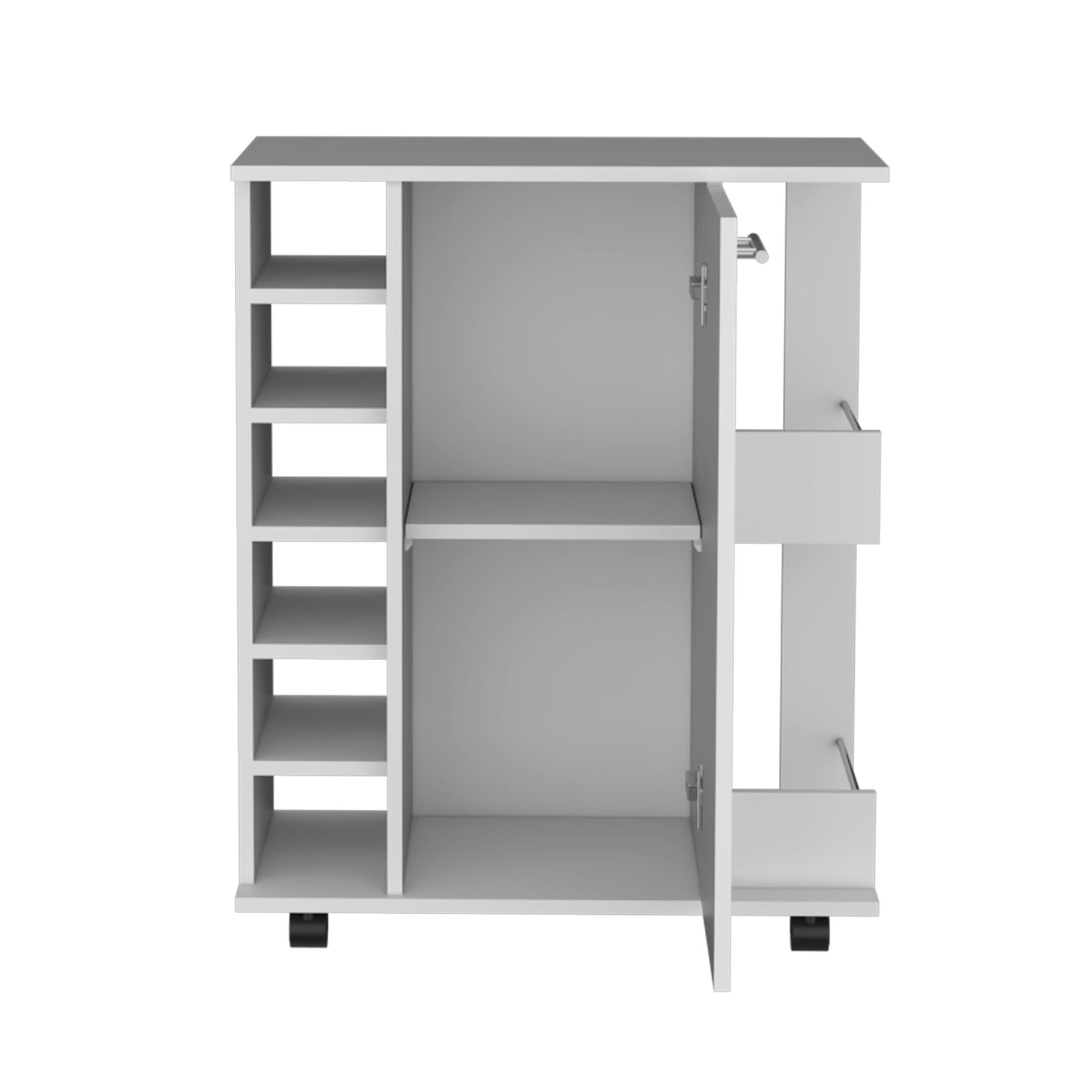 Bar Cart with Six-Wine Cubbies Cabot, Two-Side Storage Shelves and CasDobaDealsexpress.shop-Wine Cubbies Cabot,Specification
Main Color:White
Main Material:Particle Board
Details
Product Features:
The Cabot Bar Cart's smooth-rolling casters allow for easy transportation and e