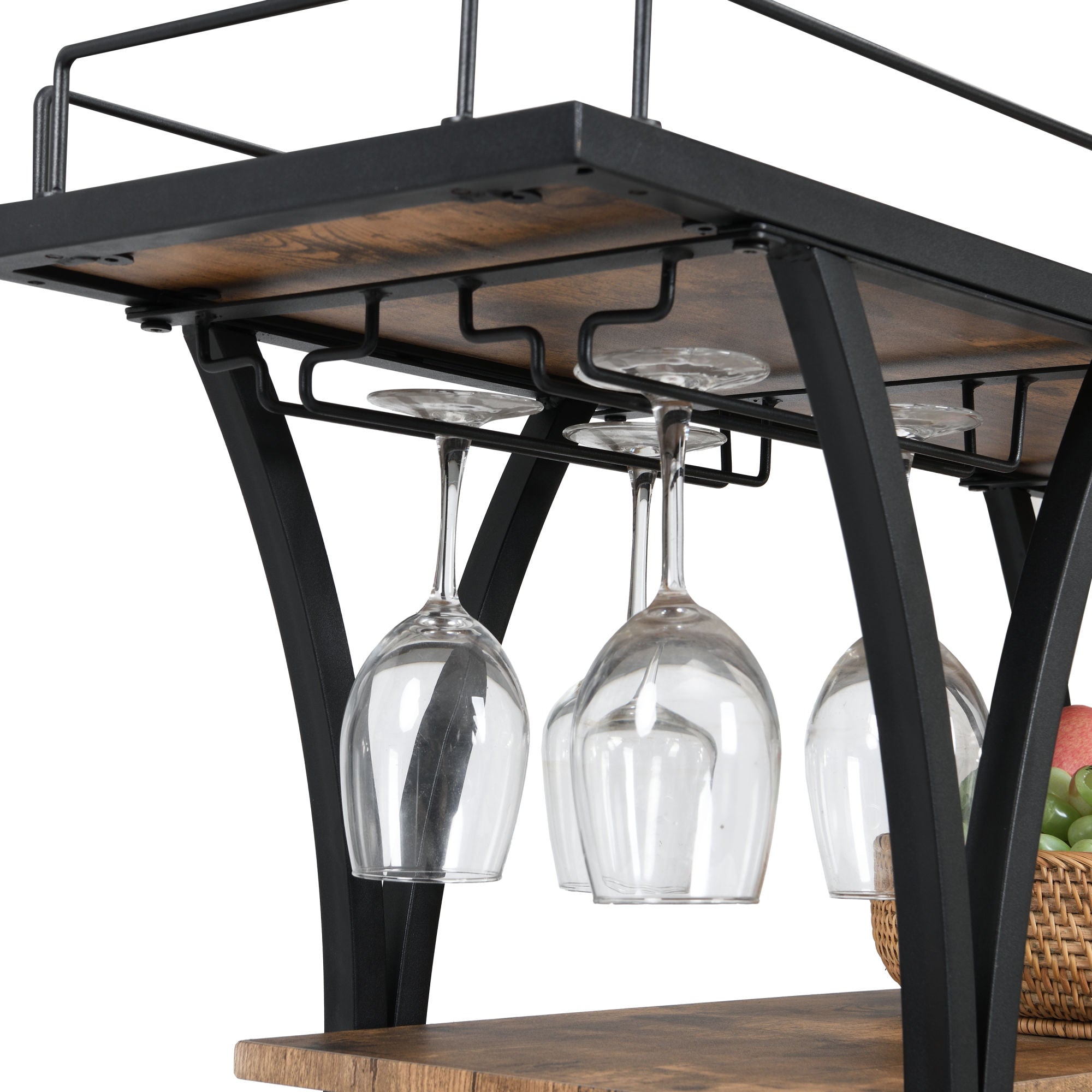Industrial Black Bar Serving Cart for home with Wine Rack and Glass HoDobaDealsexpress.shopIndustrial Black Bar Serving CartHighlights
BOTTLE RACK AND WINE GLASS STORAGE: three levels for storing wine or placing trays, with 11 bottles and 16 wine glass rack.
MOBILE SERVING CART: it rests 