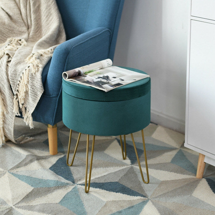 Round Velvet Storage Ottoman Footrest Stool Vanity Chair with Metal LeDobaDealsexpress.shopRound Velvet Storage Ottoman Footrest Stool Vanity ChairHighlights
Multi-purpose Stool: This backless round stool is versatile to be used as a general seat in your bedroom during makeup and a storage box for convenience. 