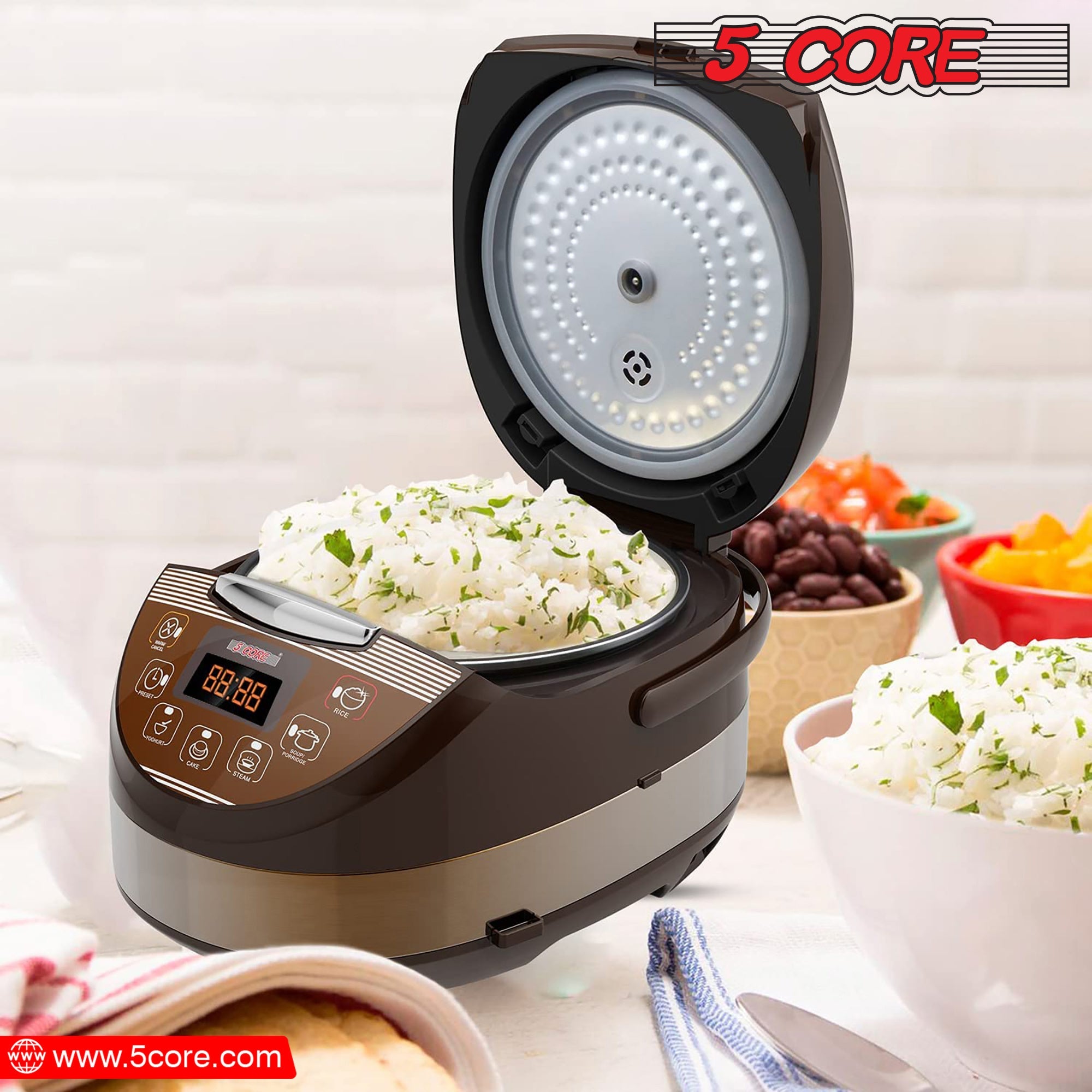5 Core 5.3Qt Asian Rice Cooker Digital Programmable 15-in-1 Ergonomic DobaDealsexpress.shop-1 Ergonomic Large Touch Screen Electric Multi Cooker Slow Cooker Steamer Pot Warmer 11 Cups 24 Hour Delay Timer AutoHighlights
With the help of an electric rice cooker, you can prepare everything from a filling jambalaya, steamed vegetables, rice, decadent cake, Stew Pot, Steamer,