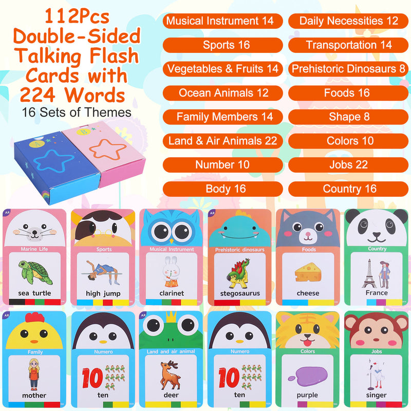 224 Words Toddler Learning Toy Talking Flash Cards with LCD Writing Tablet Preschool Educational Reading Drawing Machine Autism Sensory Toy 3+ Years Old Children