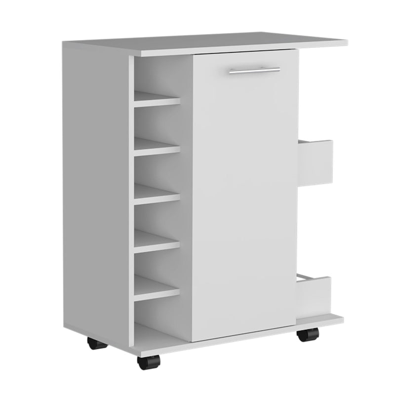 Bar Cart with Six-Wine Cubbies Cabot, Two-Side Storage Shelves and Casters, White Finish