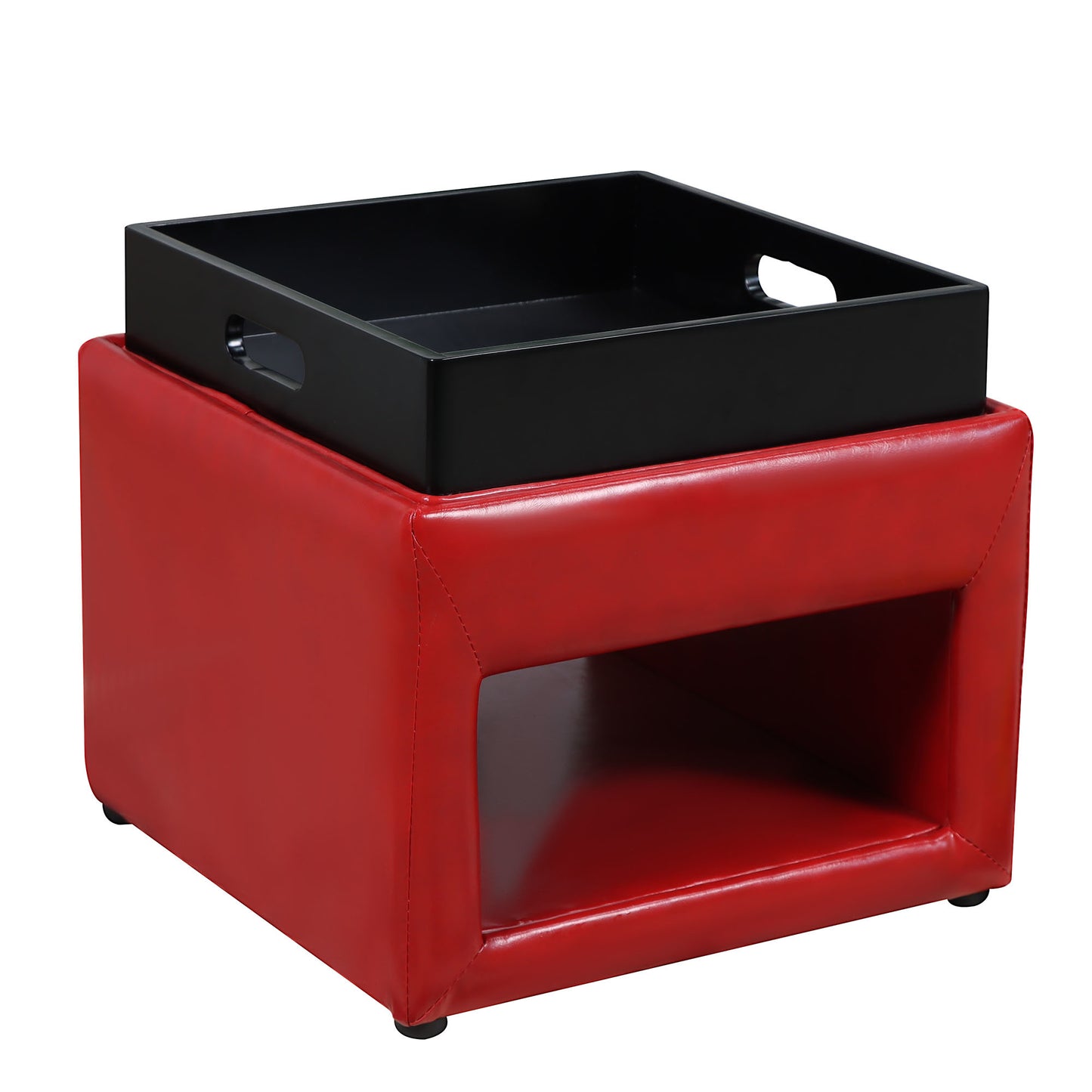 Stylish Faux Leather Upholstered Storage Ottoman with Tray Square Footrest Stool