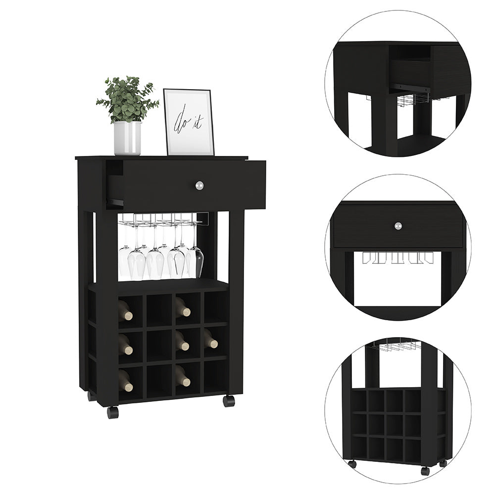 Bar Cart Bayamon, Twelve Wine Cubbies, Four Legs, Black Wengue FinishDobaDealsexpress.shopBar Cart Bayamon, Twelve Wine Cubbies,Specification
Main Color:Black
Main Material:Particle Board
Details
Product Features:
Twelve Wine Cubbies
Four Legs
One Open Shelf
Superior Top 27,44''
Our furniture