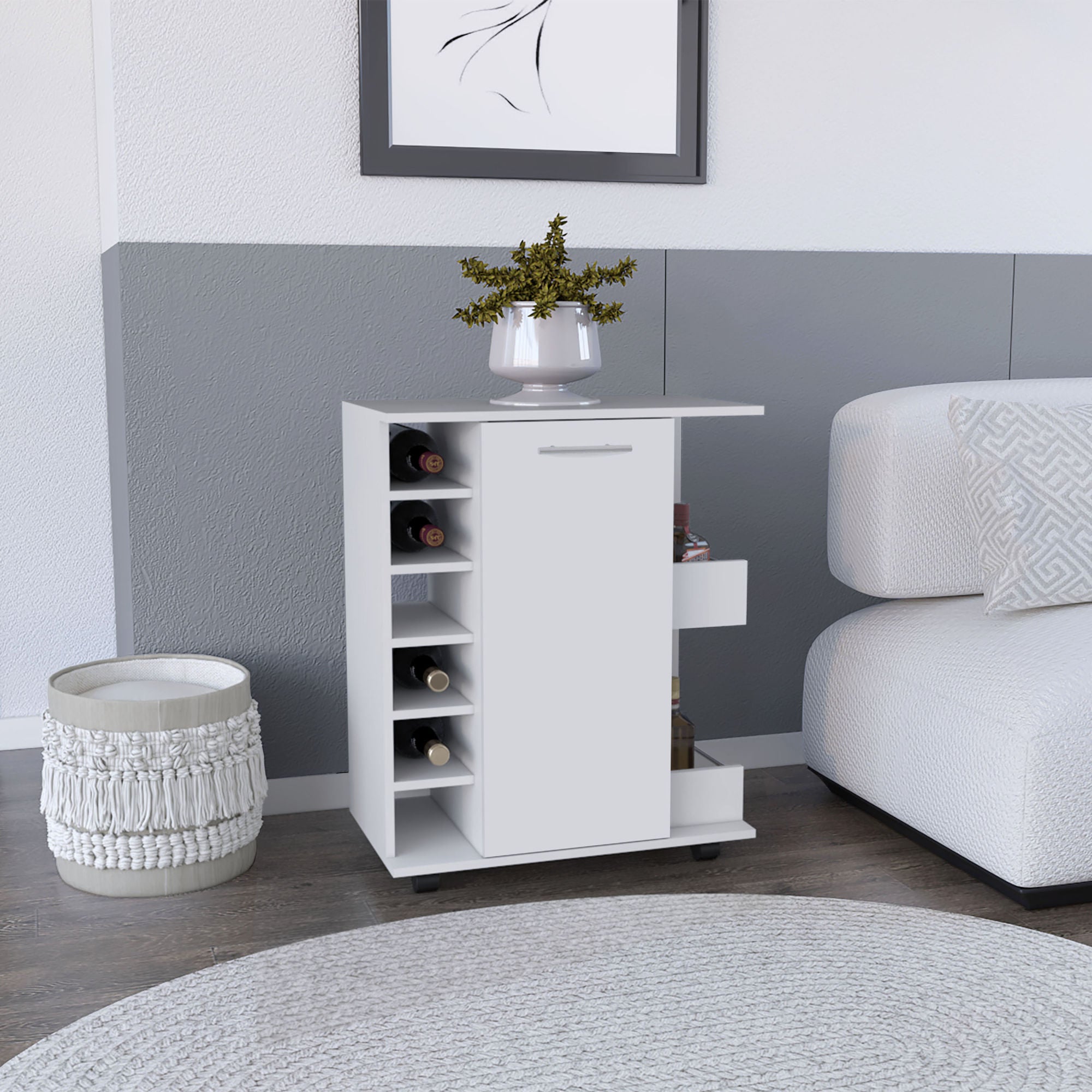 Bar Cart with Six-Wine Cubbies Cabot, Two-Side Storage Shelves and CasDobaDealsexpress.shop-Wine Cubbies Cabot,Specification
Main Color:White
Main Material:Particle Board
Details
Product Features:
The Cabot Bar Cart's smooth-rolling casters allow for easy transportation and e