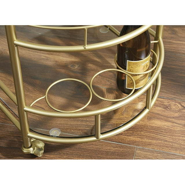 Fitzgerald Bar Cart with Matte Gold Metal Finish, 2-TiersDobaDealsexpress.shopFitzgerald Bar CartHighlights
2 Levels of glass shelf
3 Rings for bottle storage
Rolling and locking casters
Transitional or Modern style
A bar serving cart is ideal for home or office