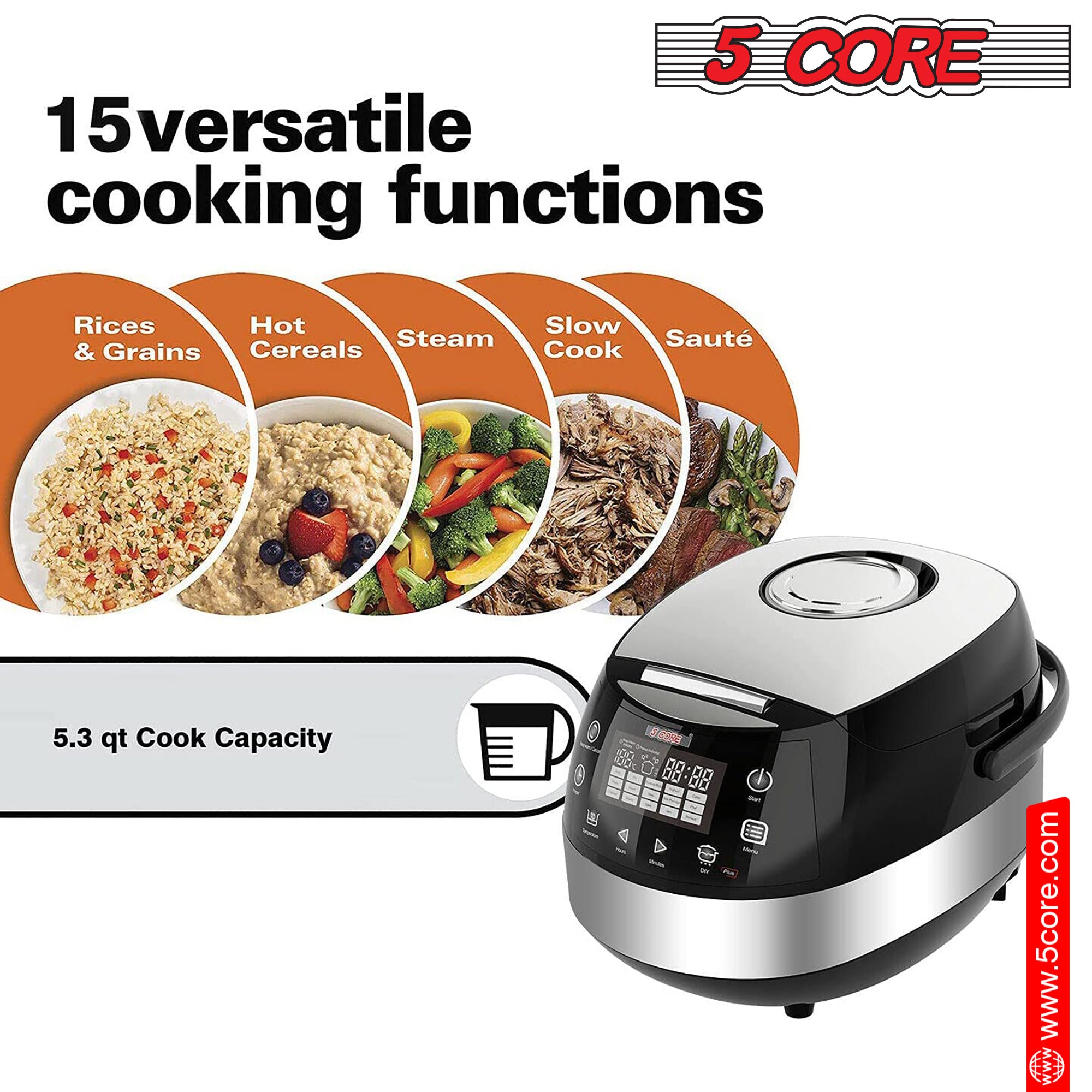 5 Core 5.3Qt Asian Rice Cooker Digital Programmable 15-in-1 Ergonomic DobaDealsexpress.shop-1 Ergonomic Large Touch Screen Electric Multi Cooker Slow Cooker Steamer Pot Warmer 11 Cups 24 Hour Delay Timer AutoHighlights
With the help of an electric rice cooker, you can prepare everything from a filling jambalaya, steamed vegetables, rice, decadent cake, Stew Pot, Steamer,