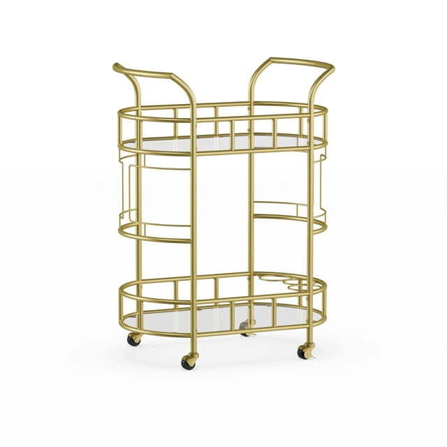 Fitzgerald Bar Cart with Matte Gold Metal Finish, 2-TiersDobaDealsexpress.shopFitzgerald Bar CartHighlights
2 Levels of glass shelf
3 Rings for bottle storage
Rolling and locking casters
Transitional or Modern style
A bar serving cart is ideal for home or office