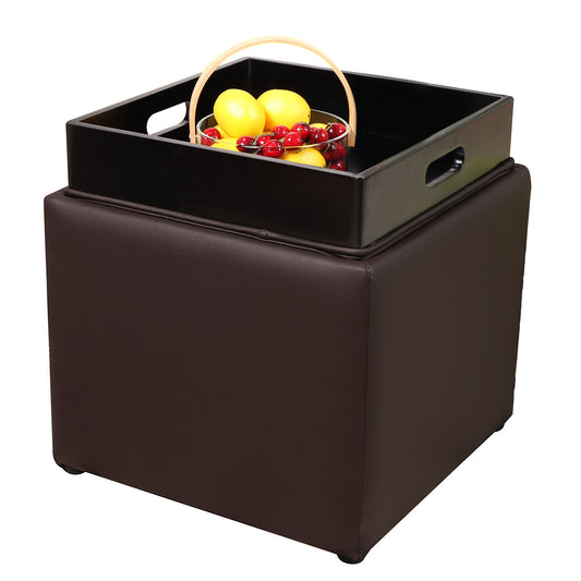 Square Storage Ottoman with Tray Faux Leather Upholstered Footrest StoDobaDealsexpress.shopTray Faux Leather Upholstered Footrest Stool, SeatSpecification
Main Color:Dark Brown
Upholstery Material:Faux Leather
Frame Material:Wood
Use Case:Dining Room
Seat Plushness:Soft
Back Style:Backless
Product Style:M