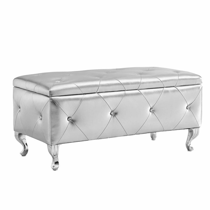 Upholstered Storage Ottoman Bench For Bedroom End Of Bed Faux Leather Rectangular Storage Benches Footrest With Crystal Buttons For Living Room Entryway (Silver)