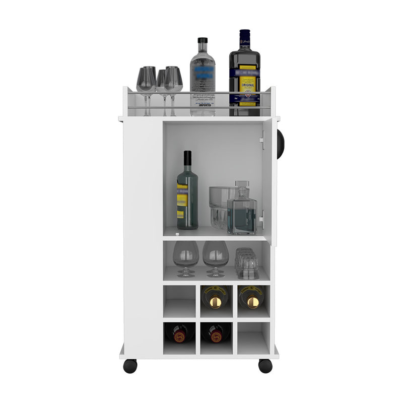 Bar Cart with Casters Reese, Six Wine Cubbies and Single Door, White Finish