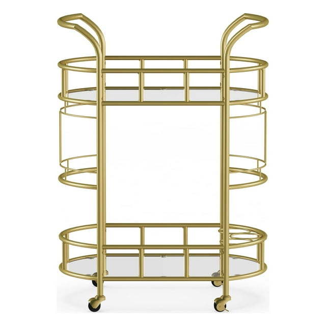 Fitzgerald Bar Cart with Matte Gold Metal Finish, 2-TiersDobaDealsexpress.shopFitzgerald Bar CartHighlights
2 Levels of glass shelf
3 Rings for bottle storage
Rolling and locking casters
Transitional or Modern style
A bar serving cart is ideal for home or office