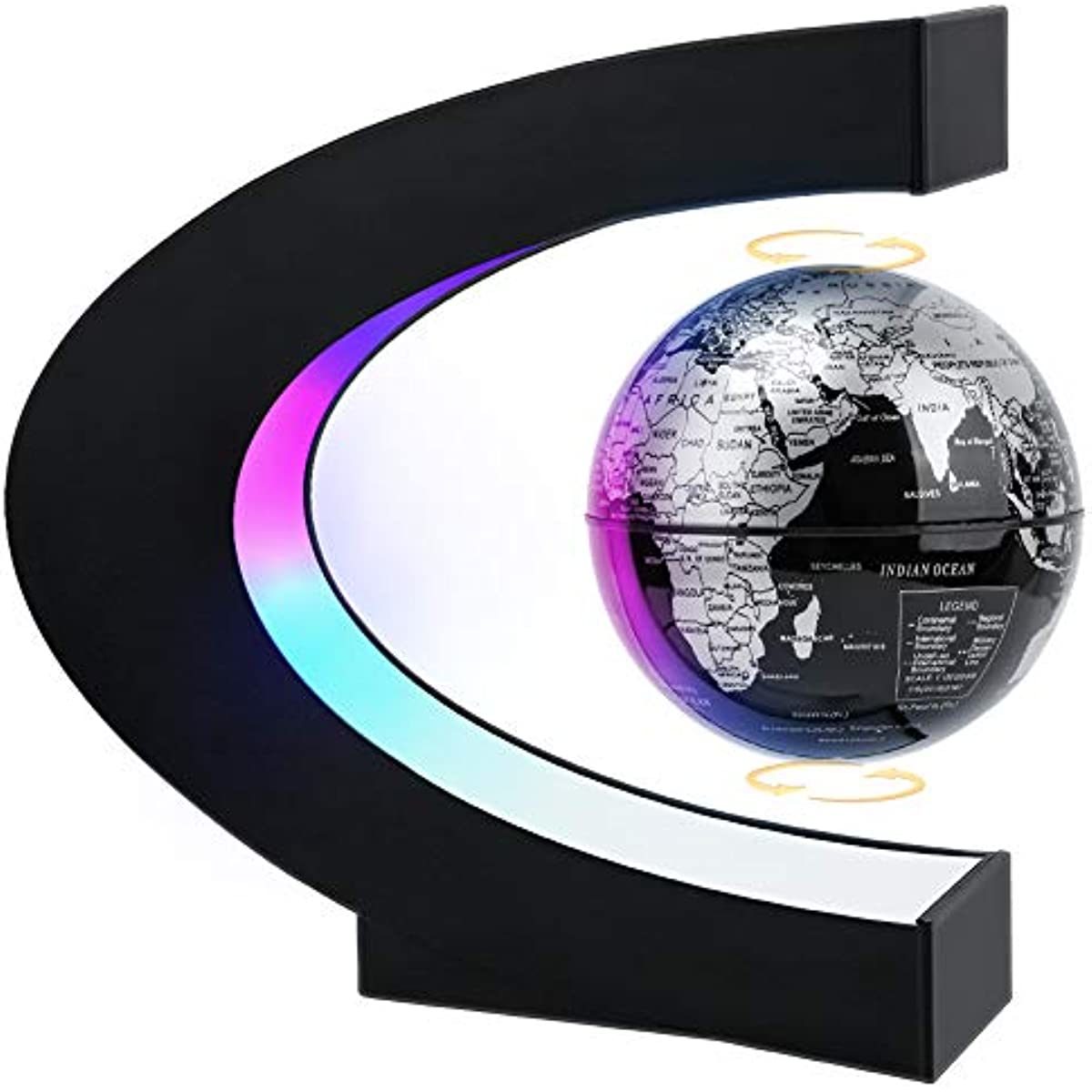 Magnetic Levitating Globe with LED Light; Cool Tech Gift for Men FatheDobaDealsexpress.shopKids; Floating Globes World Desk Gadget DecorDetails
LEVITATION GLOBE - Globe floating in midair by the magnetic force from bottom and top of frame. 3 LED beads in frame shows Purple; Pink &amp; Cyan colors. Am