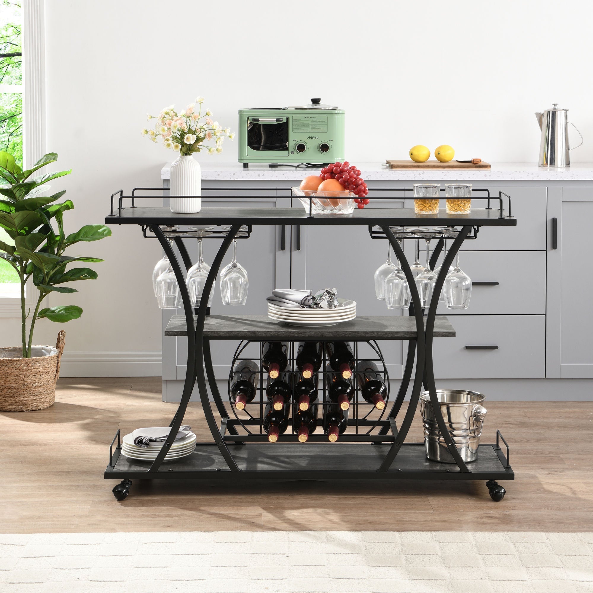 Industrial Bar Cart Kitchen Bar&Serving Cart for Home with Wheels 3 -TDobaDealsexpress.shopIndustrial Bar Cart Kitchen Bar&Serving CartHighlights
1. BOTTLE RACK AND WINE GLASS STORAGE: this bar cart features three levels for storing wine or placing trays,
with 11 bottles and16 wine glass racks.
2. M