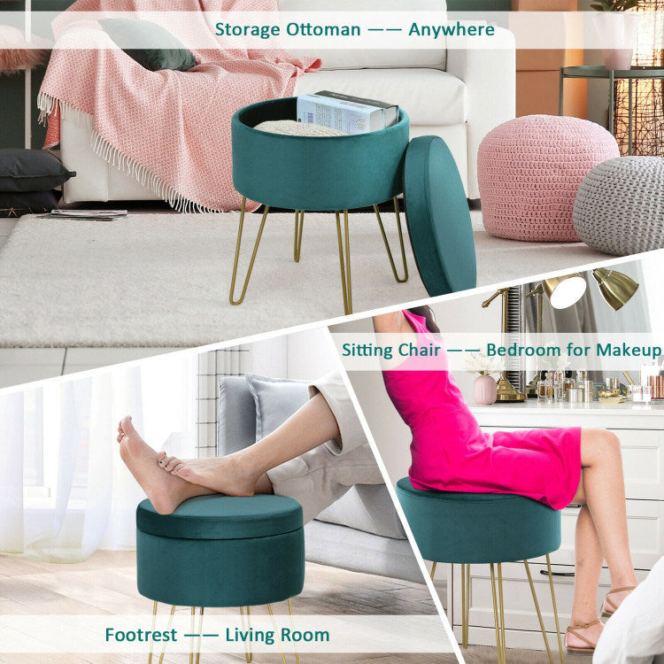 Round Velvet Storage Ottoman Footrest Stool Vanity Chair with Metal Legs