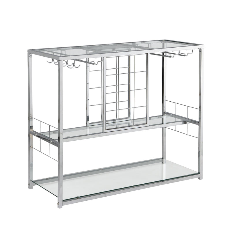 Bar Serving Cart with Glass Holder and Wine Rack, 3-Tier Kitchen Trolley with Tempered Glass Shelves and Chrome-Finished Metal Frame, Mobile Wine Cart for Home (Silver)