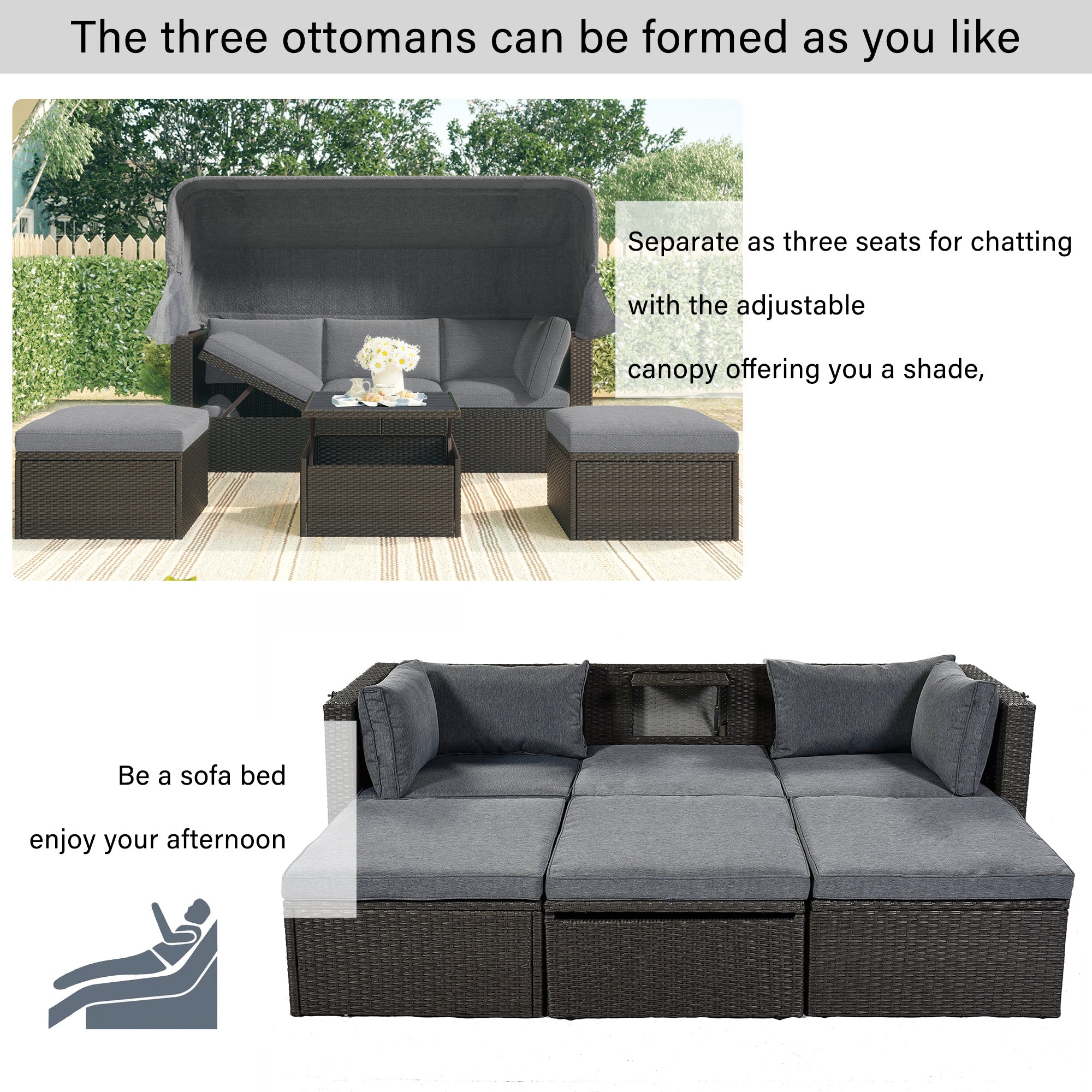 Outdoor Patio Rectangle Daybed with Retractable Canopy, Wicker FurnituDobaDealsexpress.shopRetractable Canopy, Wicker Furniture Sectional SeatingHighlights
This elegantly designed sectional sofa is perfect for the pool side, garden, patio or deck, offering the best in quality and comfort with tightly woven PE