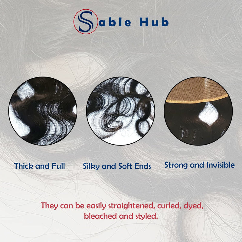 Sable Hub Frontal Lace Body Wave Women Hair Bundle | 100% Unprocessed Brazilian Hair Virgin Body Wave Pre Plucked Baby Hair Extension Ear to Ear Frontal Lace 150% Density - Natural Human Hair