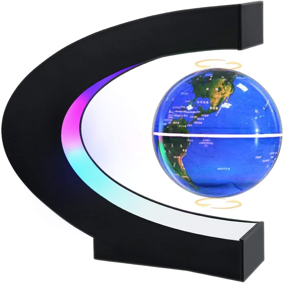 Magnetic Levitating Globe with LED Light; Cool Tech Gift for Men FatheDobaDealsexpress.shopKids; Floating Globes World Desk Gadget DecorDetails
LEVITATION GLOBE - Globe floating in midair by the magnetic force from bottom and top of frame. 3 LED beads in frame shows Purple; Pink &amp; Cyan colors. Am