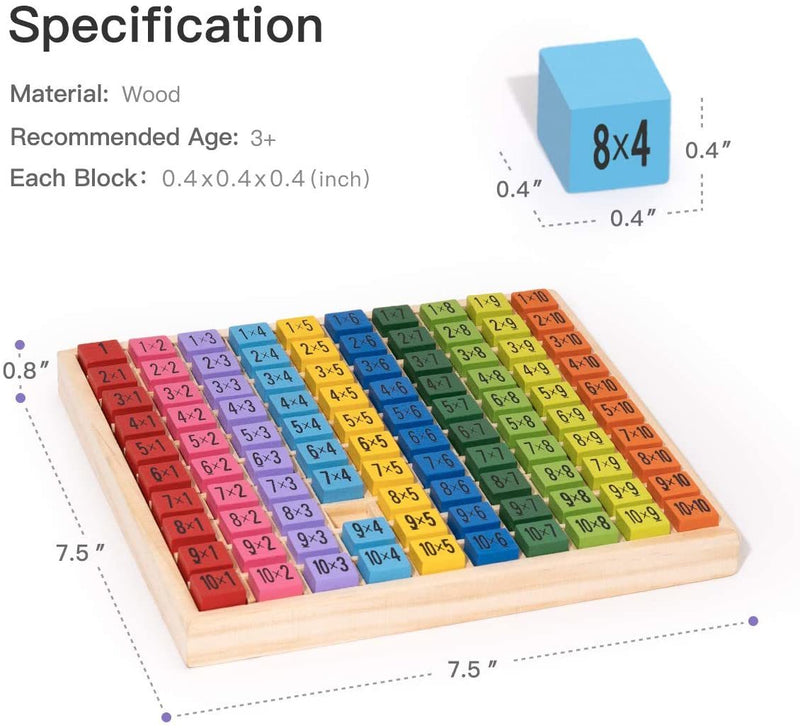 Wooden Multiplication & Math Table Board Game, Kids Montessori Preschool Learning Toys Gift for Toddlers Aged 3 Years Old and Up - 100 Counting Wooden Building Blocks