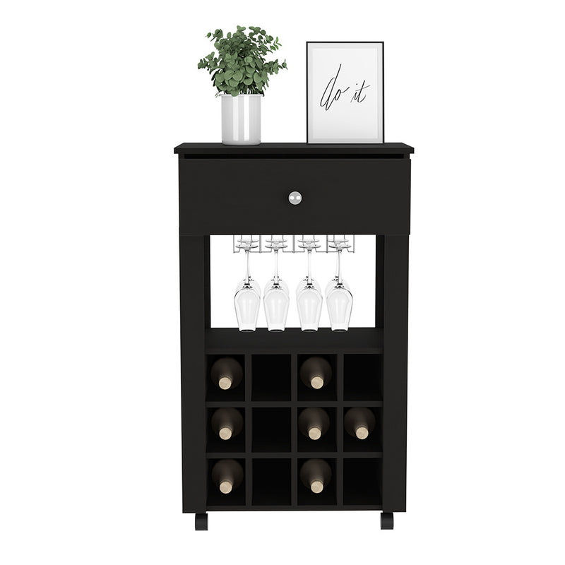 Bar Cart Bayamon, Twelve Wine Cubbies, Four Legs, Black Wengue Finish