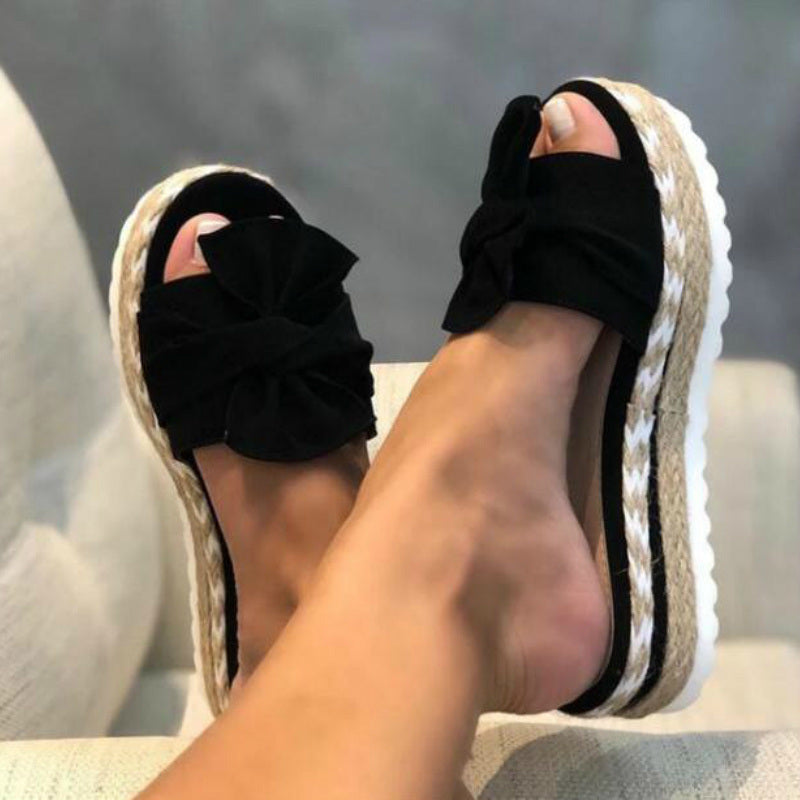 Women Slippers Summer 2020 Platform Wedges Mid Heels Bow Tie Peep Toe Fashion Slides Beach Outdoor Ladies Shoes Zapatos De Mujer