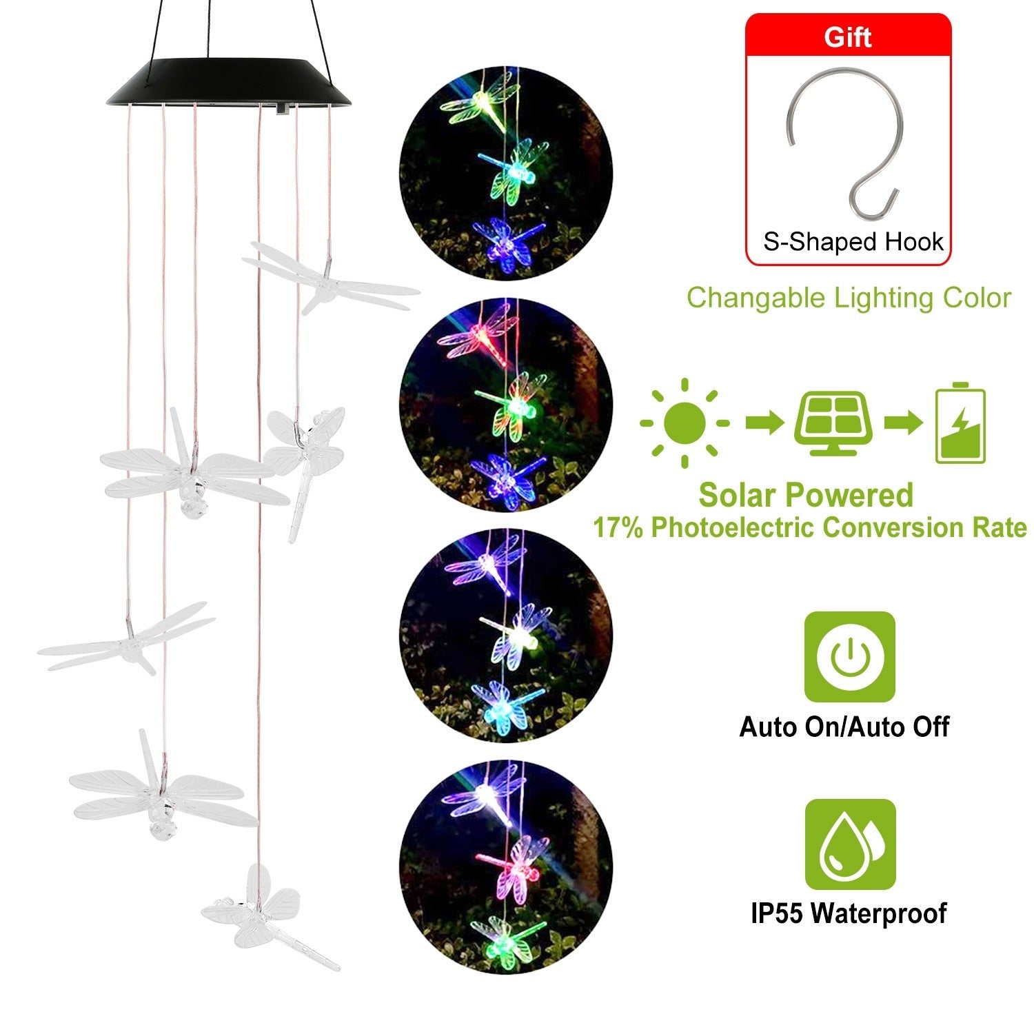 Solar Powered Dragonfly Lights Wind Chimes LED Color Changing Hanging DobaDealsexpress.shopSolar Powered Dragonfly Lights Wind Chimes LED Color Changing Hanging Wind Lamp Waterproof Decorative Night LampDetails
*Features*:
*Auto ON/OFF&amp; Color-Changing Lighting*:Auto on at night and Auto off at sunrise. Built-in 400 mAh Ni-MH battery supports long lasting up to 8