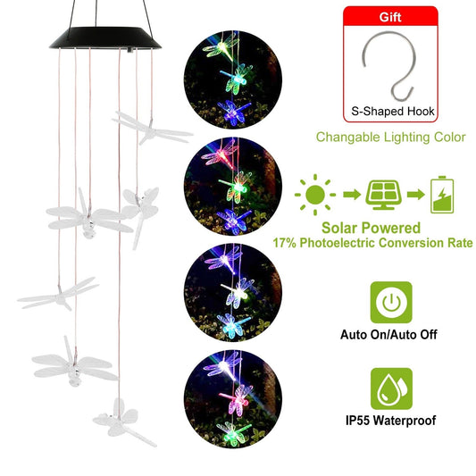 Solar Powered Dragonfly Lights Wind Chimes LED Color Changing Hanging DobaDealsexpress.shopSolar Powered Dragonfly Lights Wind Chimes LED Color Changing Hanging Wind Lamp Waterproof Decorative Night LampDetails
*Features*:
*Auto ON/OFF&amp; Color-Changing Lighting*:Auto on at night and Auto off at sunrise. Built-in 400 mAh Ni-MH battery supports long lasting up to 8
