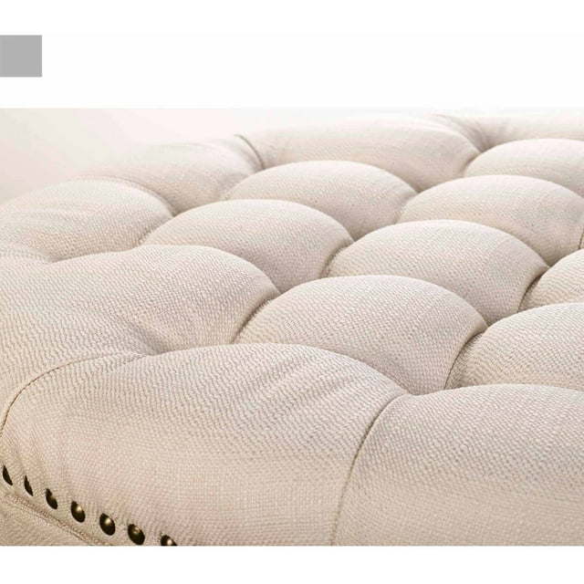 Round Tufted Storage Ottoman with NailheadsDobaDealsexpress.shopRound Tufted Storage OttomanHighlights
Features a tapered base, a chic tufted top in linen upholstery and nail head detailing
Top is generously padded for comfortable seating
Top is easily remo
