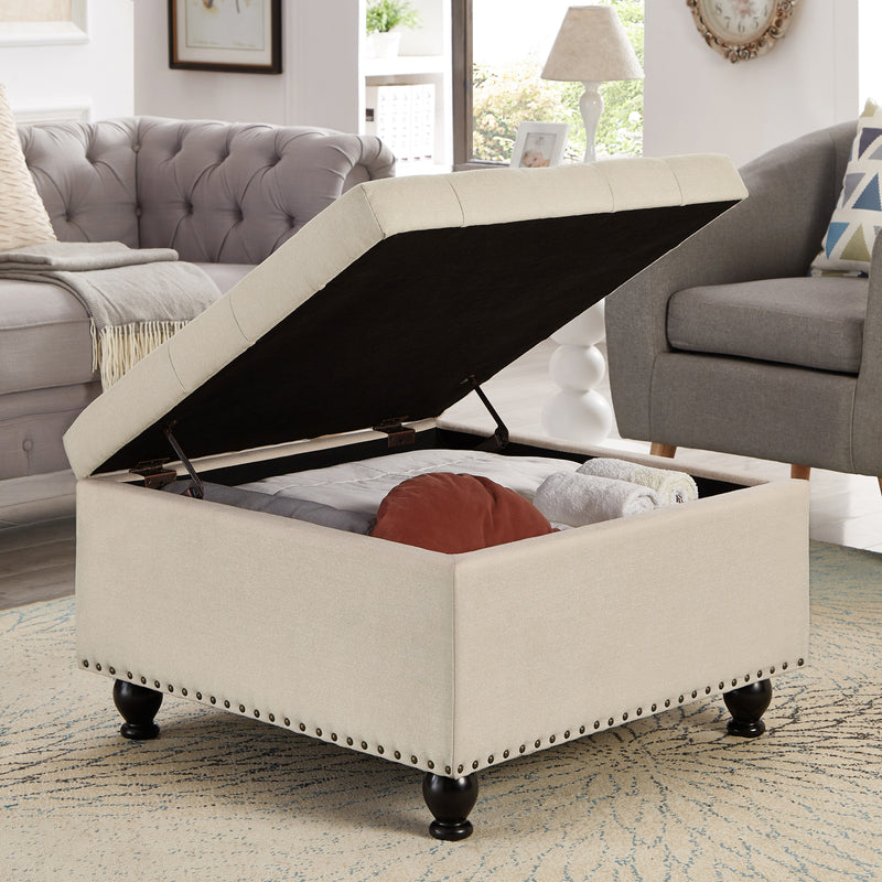 Large square storage ottoman with wooden legs, Upholstered button tufted coffee table with nail trims for Living Space,Beige