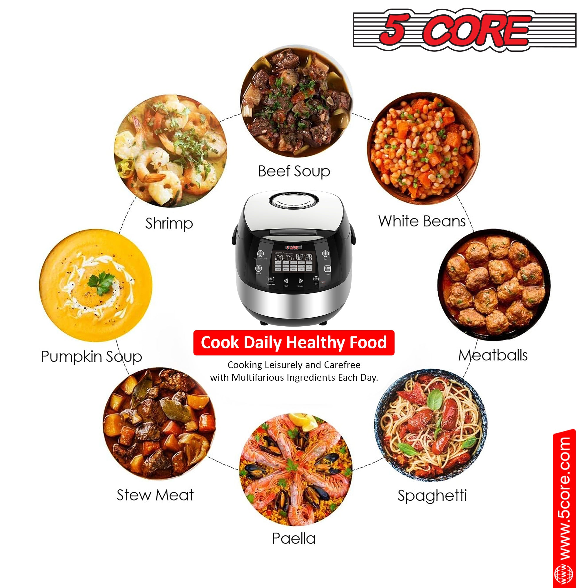 5 Core 5.3Qt Asian Rice Cooker Digital Programmable 15-in-1 Ergonomic DobaDealsexpress.shop-1 Ergonomic Large Touch Screen Electric Multi Cooker Slow Cooker Steamer Pot Warmer 11 Cups 24 Hour Delay Timer AutoHighlights
With the help of an electric rice cooker, you can prepare everything from a filling jambalaya, steamed vegetables, rice, decadent cake, Stew Pot, Steamer,