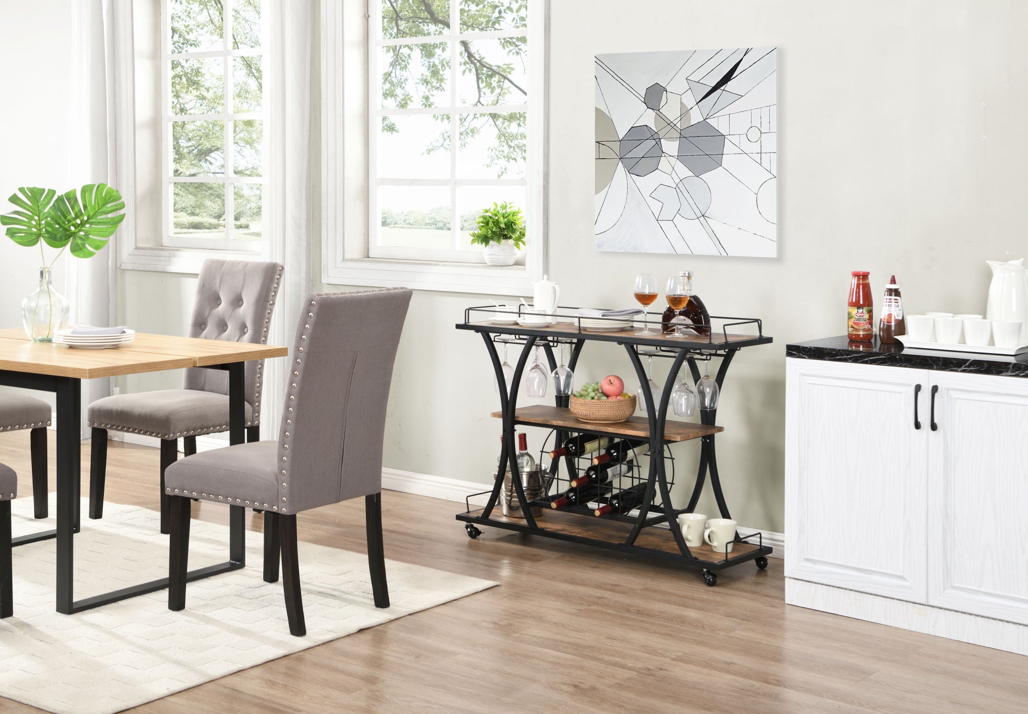Industrial Black Bar Serving Cart for home with Wine Rack and Glass HoDobaDealsexpress.shopIndustrial Black Bar Serving CartHighlights
BOTTLE RACK AND WINE GLASS STORAGE: three levels for storing wine or placing trays, with 11 bottles and 16 wine glass rack.
MOBILE SERVING CART: it rests 
