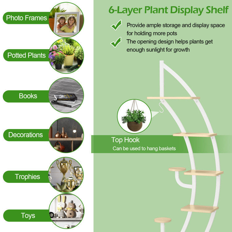 6-Tier 9 Potted Metal Plant Stand Holder Display Shelf with HookDobaDealsexpress.shop6-Tier 9 Potted Metal Plant Stand Holder Display ShelfHighlights
Multi-Layer Storage Space: The 6-tier moon half plant stand adopts a 6-layer ladder structure, which not only provides ample storage and display space for