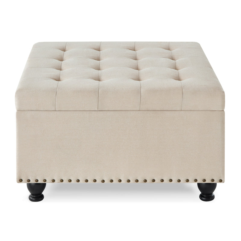 Large square storage ottoman with wooden legs, Upholstered button tufted coffee table with nail trims for Living Space,Beige