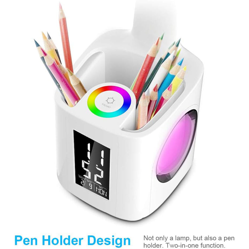 LED Desk Lamp with USB Charging Port&Pen Holder, Study Light with Clock