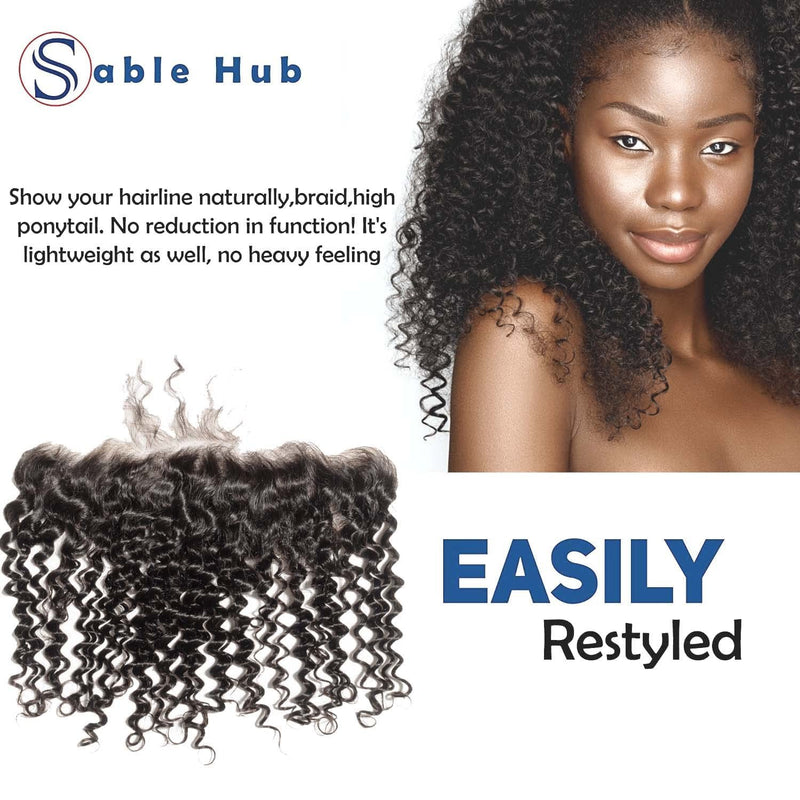 Sable Hub Frontal Lace Kinky Curly Women Hair Bundle Natural Human | 100% Unprocessed Brazilian Transparent 13XHD Virgin Kinky Curl Pre Plucked Baby Hair Extension | Ear to Ear Frontal Lace 150% Densi